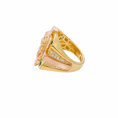 14KT Gold Ring Men's Two Tone Square Shape Oval Horse Head Portrait with Sunray Background and Corner Design One Green CZ Stone Shank Design Double Row White CZ Stone Interlocking Top/Side Cross