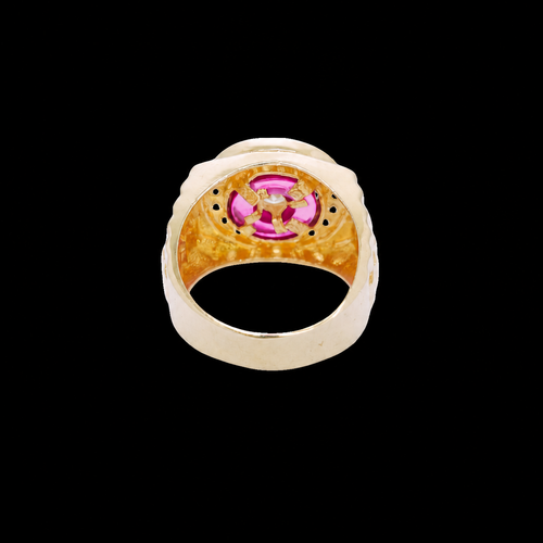 14KT Gold Ring Men's Mini Round White CZ Center Stone Plain Border on Red Onyx Background with White CZ Stones Border Side Design Jubilee