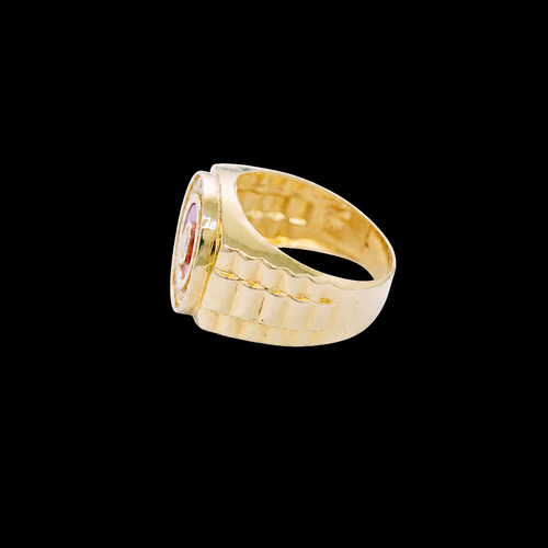 14KT Gold Ring Men's Mini Round White CZ Center Stone Plain Border on Red Onyx Background with White CZ Stones Border Side Design Jubilee
