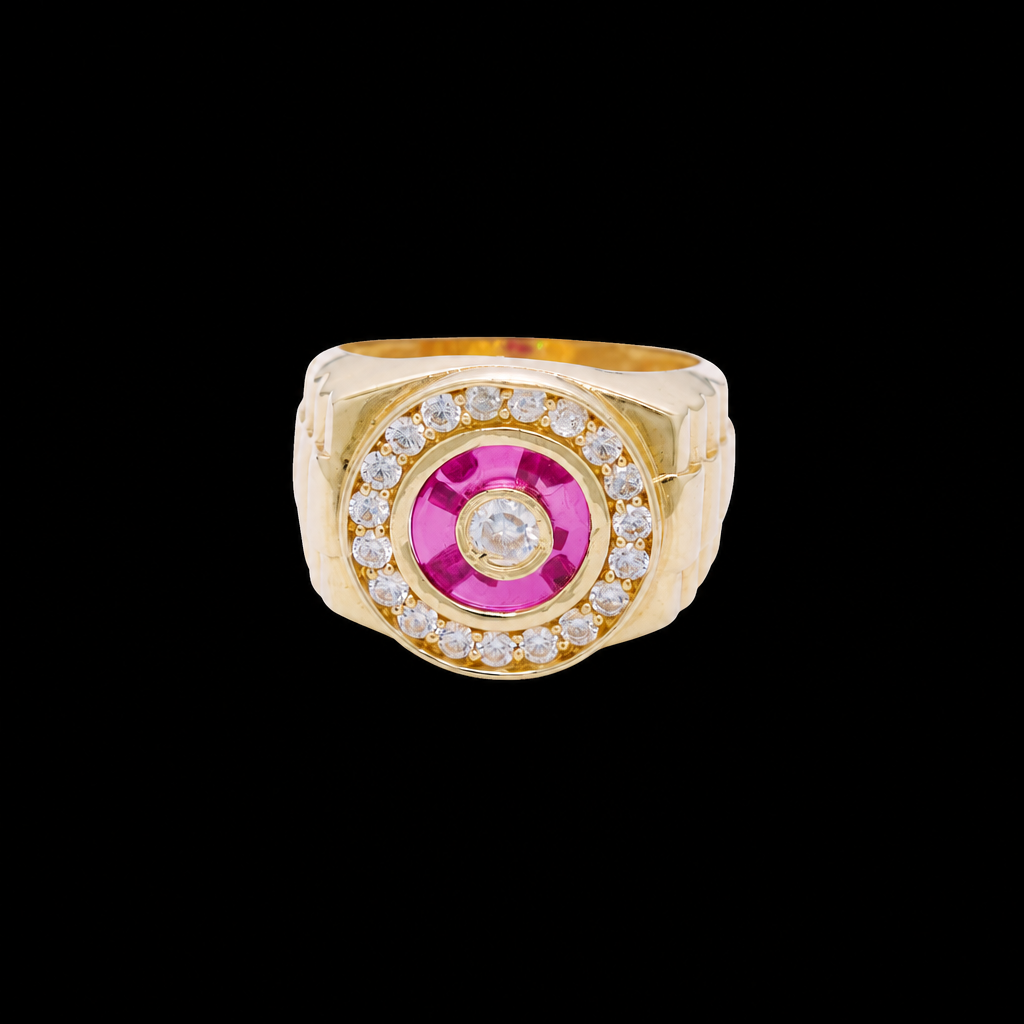 14KT Gold Ring Men's Mini Round White CZ Center Stone Plain Border on Red Onyx Background with White CZ Stones Border Side Design Jubilee