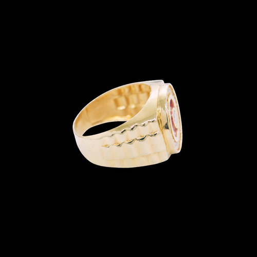 14KT Gold Ring Men's Mini Round White CZ Center Stone Plain Border on Red Onyx Background with White CZ Stones Border Side Design Jubilee