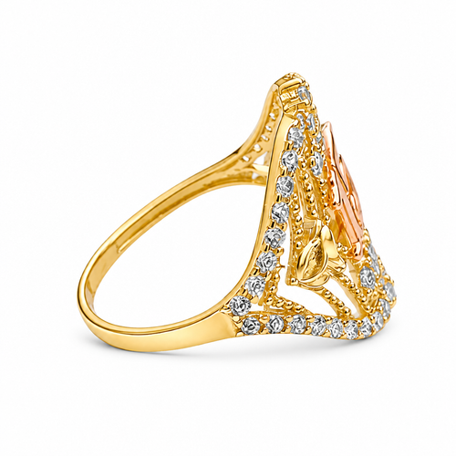 14KT Gold Ring Women's "15" Two Tone Open Western Shape Quinceanera Stripe and Rose Center with Round White CZ Stones Border Plain Band