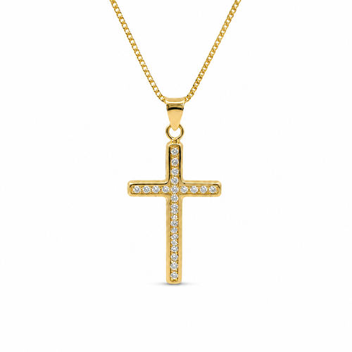 14KT Gold Charm Large Round Channel Set White CZ Stones Cross with Plain Bell