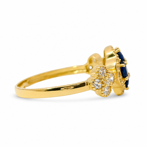 14KT Gold Ring Women's Jumbo Flower Navy Blue Square CZ Stone Center Four Navy Blue CZ Stone Oval Petals with Two White CZ Stone Side Flowers and Borders with Plain Band