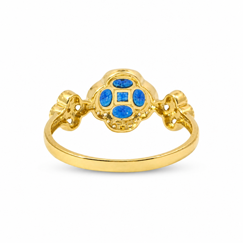 14KT Gold Ring Women's Jumbo Flower Navy Blue Square CZ Stone Center Four Navy Blue CZ Stone Oval Petals with Two White CZ Stone Side Flowers and Borders with Plain Band