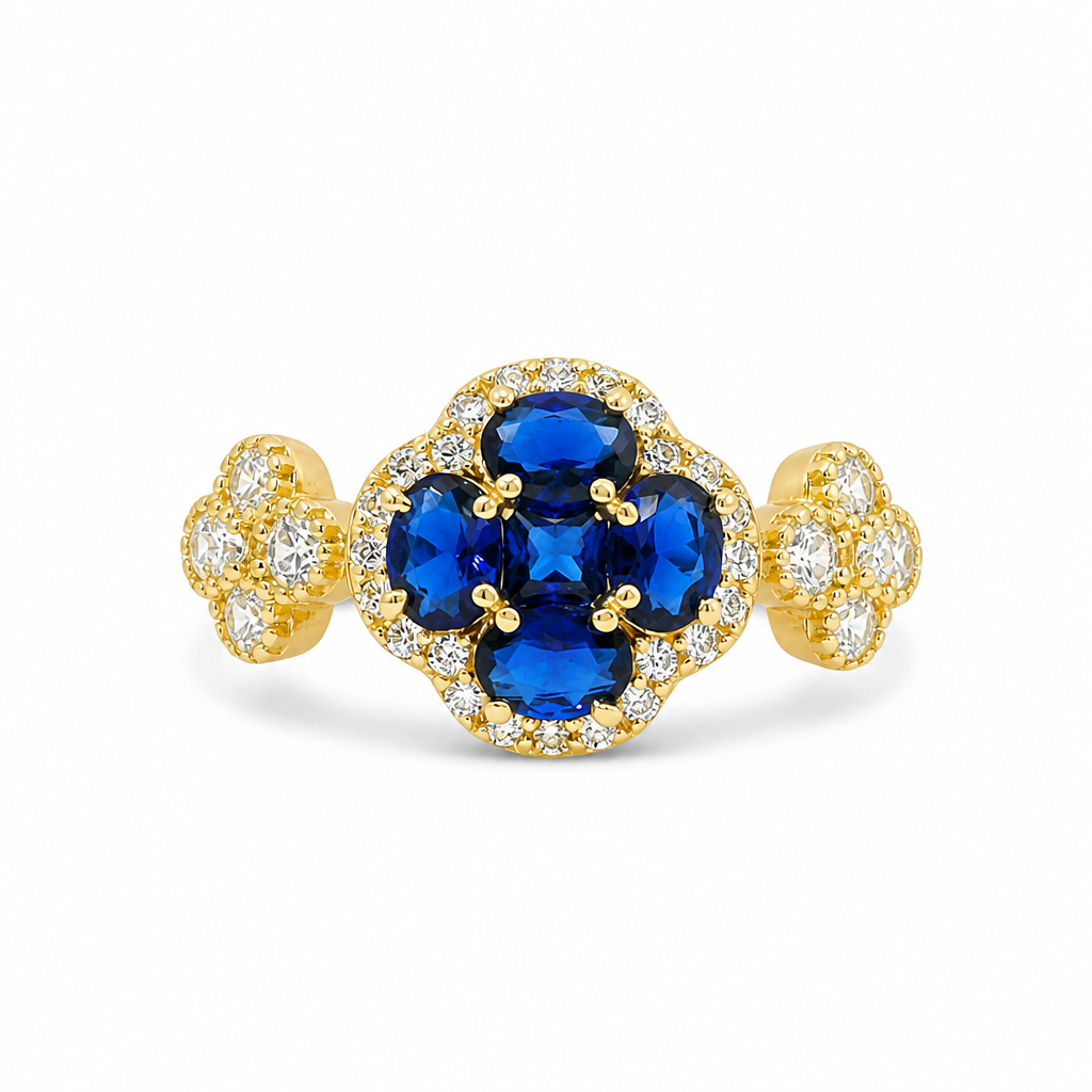 14KT Gold Ring Women's Jumbo Flower Navy Blue Square CZ Stone Center Four Navy Blue CZ Stone Oval Petals with Two White CZ Stone Side Flowers and Borders with Plain Band