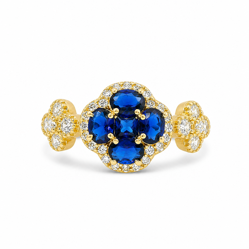 14KT Gold Ring Women's Jumbo Flower Navy Blue Square CZ Stone Center Four Navy Blue CZ Stone Oval Petals with Two White CZ Stone Side Flowers and Borders with Plain Band