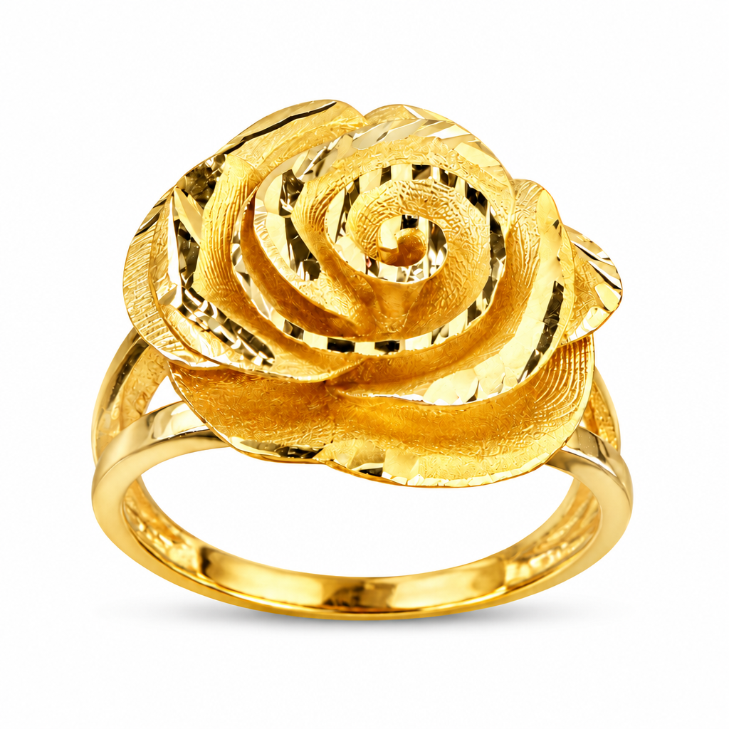 14KT Gold Ring Women's Jumbo Diamond Cut 3D Rose Shape with Plain Split Band