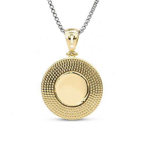14KT Gold Charm Medium Round Medusa Coin with Black Enamel Rope Border and Greek Bell
