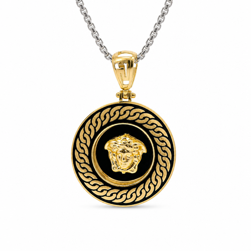 14KT Gold Charm Medium Round Medusa Coin with Black Enamel Rope Border and Greek Bell
