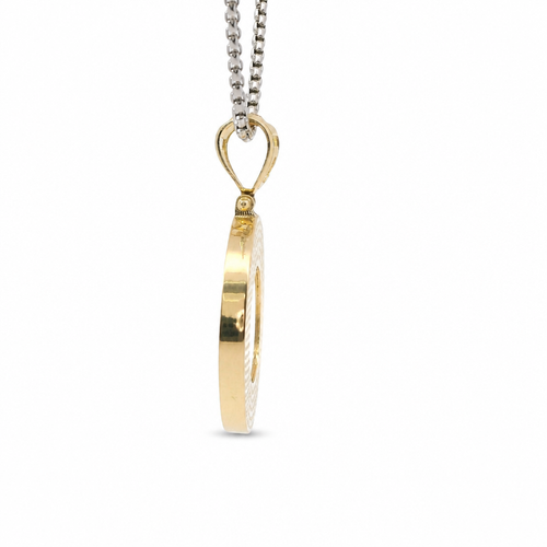 14KT Gold Charm Medium Round Medusa Coin with Black Enamel Rope Border and Greek Bell