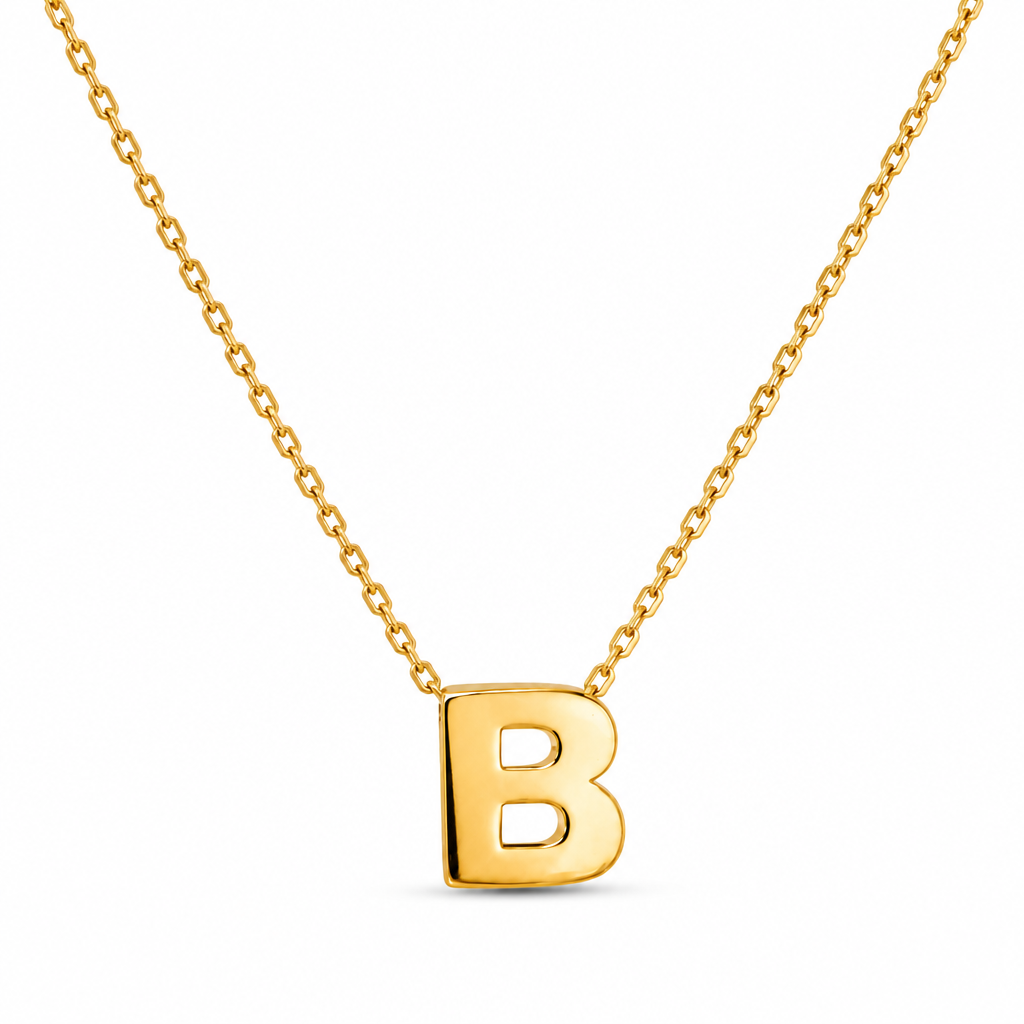 14KT Gold Solid Set Thin Chain Cable Link with Spring Lock Clasp and Single Block Font Uppercase Initial "B"