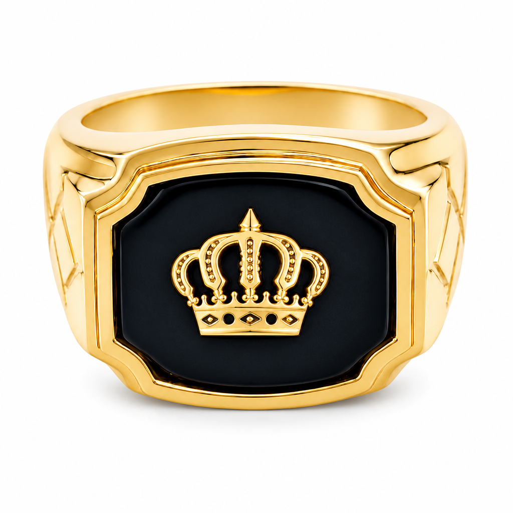 14KT Gold Ring Men's Square Crown on Onyx Background and Plain Border Side Design Triple Rhombus Stacked Diamond Shape