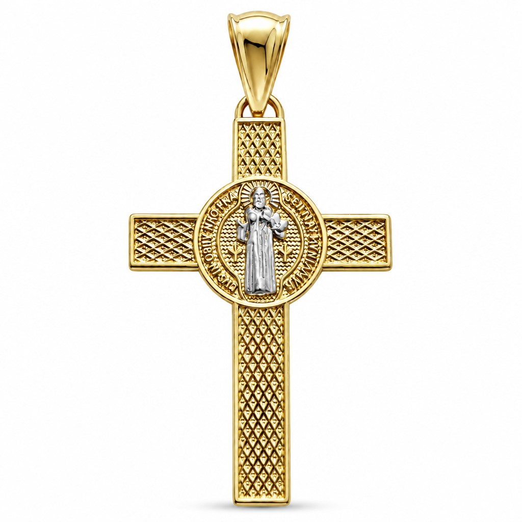 14KT Gold Charm Medium Two Tone St Benedict Coin Center Cross with Plain Bell