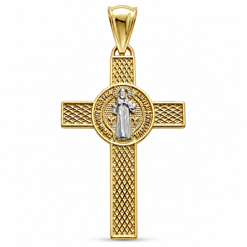 14KT Gold Charm Medium Two Tone St Benedict Coin Center Cross with Plain Bell