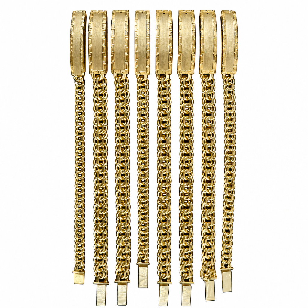 14KT Gold Bracelet Hollow Chino Band with Greek Border Name Plate 4mm