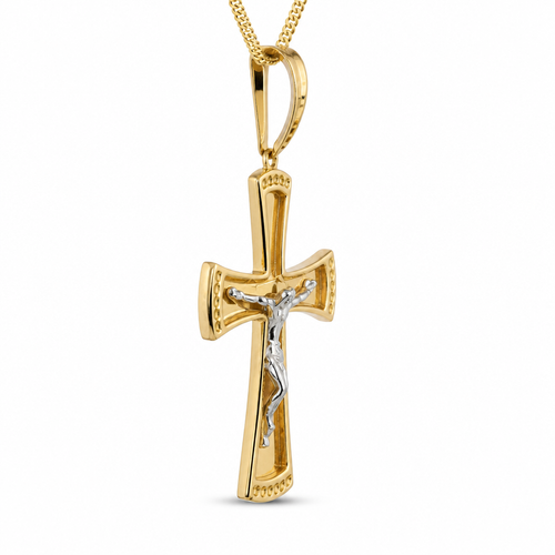 14KT Gold Charm Large Two Tone Sunken Center Crucifix Cross with Flared White CZ Stones Ends, Plain Back Plate, and White CZ Stones Bell