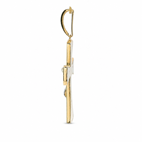 14KT Gold Charm Large Two Tone Sunken Center Crucifix Cross with Flared White CZ Stones Ends, Plain Back Plate, and White CZ Stones Bell