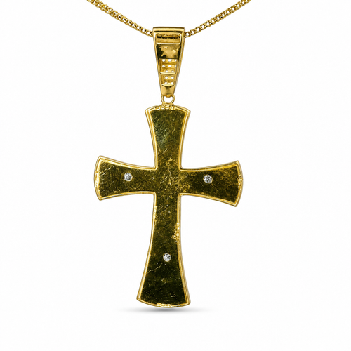 14KT Gold Charm Large Two Tone Sunken Center Crucifix Cross with Flared White CZ Stones Ends, Plain Back Plate, and White CZ Stones Bell