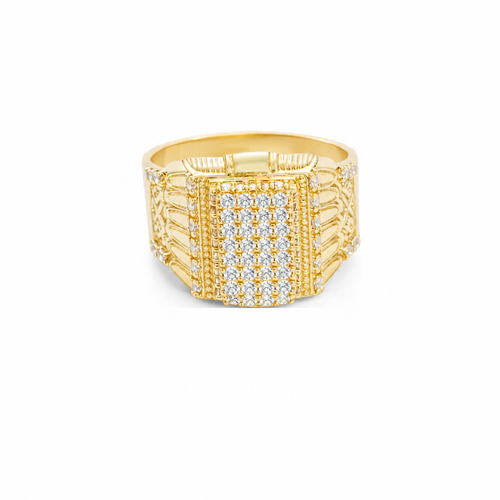 14KT Gold Ring Men's Raised Rectangle White CZ Stones Seven Row Center Rectangle Design Raised with Single Row White CZ Stones Border Side Design Single Row White CZ Stones Above Pillar Style Design with White CZ Stone Top/Lower Border