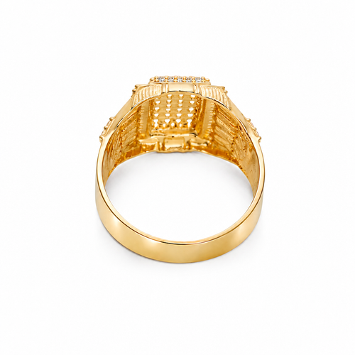 14KT Gold Ring Men's Raised Rectangle White CZ Stones Seven Row Center Rectangle Design Raised with Single Row White CZ Stones Border Side Design Single Row White CZ Stones Above Pillar Style Design with White CZ Stone Top/Lower Border