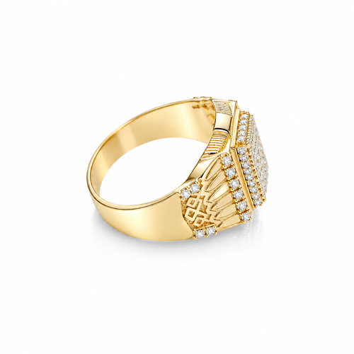 14KT Gold Ring Men's Raised Rectangle White CZ Stones Seven Row Center Rectangle Design Raised with Single Row White CZ Stones Border Side Design Single Row White CZ Stones Above Pillar Style Design with White CZ Stone Top/Lower Border