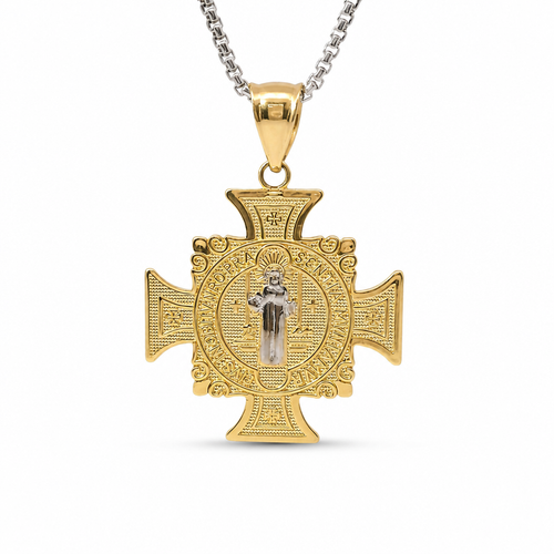 14KT Gold Charm Medium Round St Benedict Medal Crucifix with Plain Bell