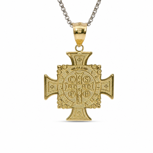 14KT Gold Charm Medium Round St Benedict Medal Crucifix with Plain Bell