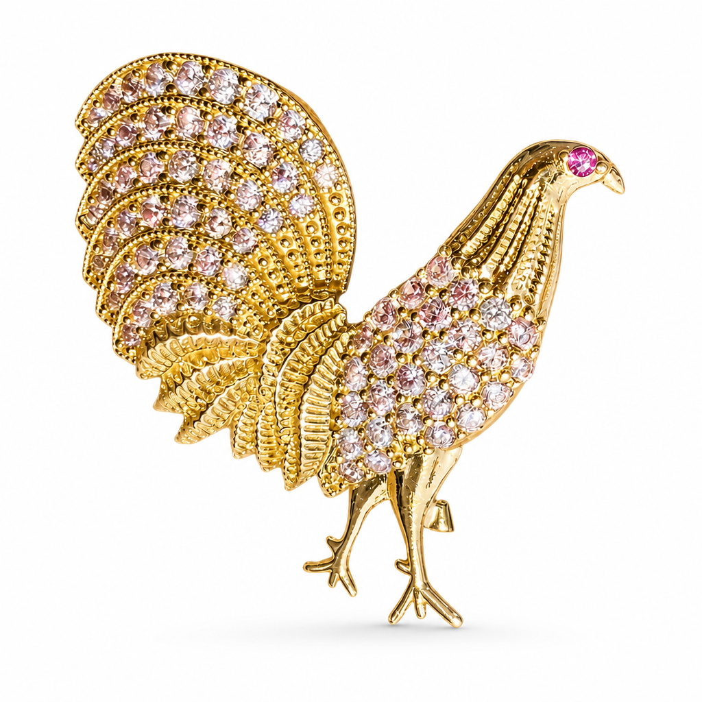 14KT Gold Charm Extra Large Peacock with Dark Pink Eye and White CZ Stones Tail and Chest with Plain Bell