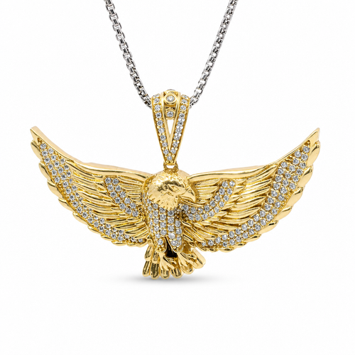 14KT Gold Charm Large 3D Spread Wing Eagle with White CZ Stones Wings and Bell
