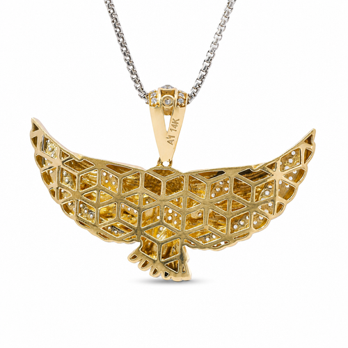 14KT Gold Charm Large 3D Spread Wing Eagle with White CZ Stones Wings and Bell