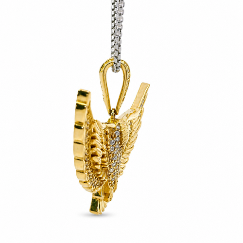 14KT Gold Charm Large 3D Spread Wing Eagle with White CZ Stones Wings and Bell