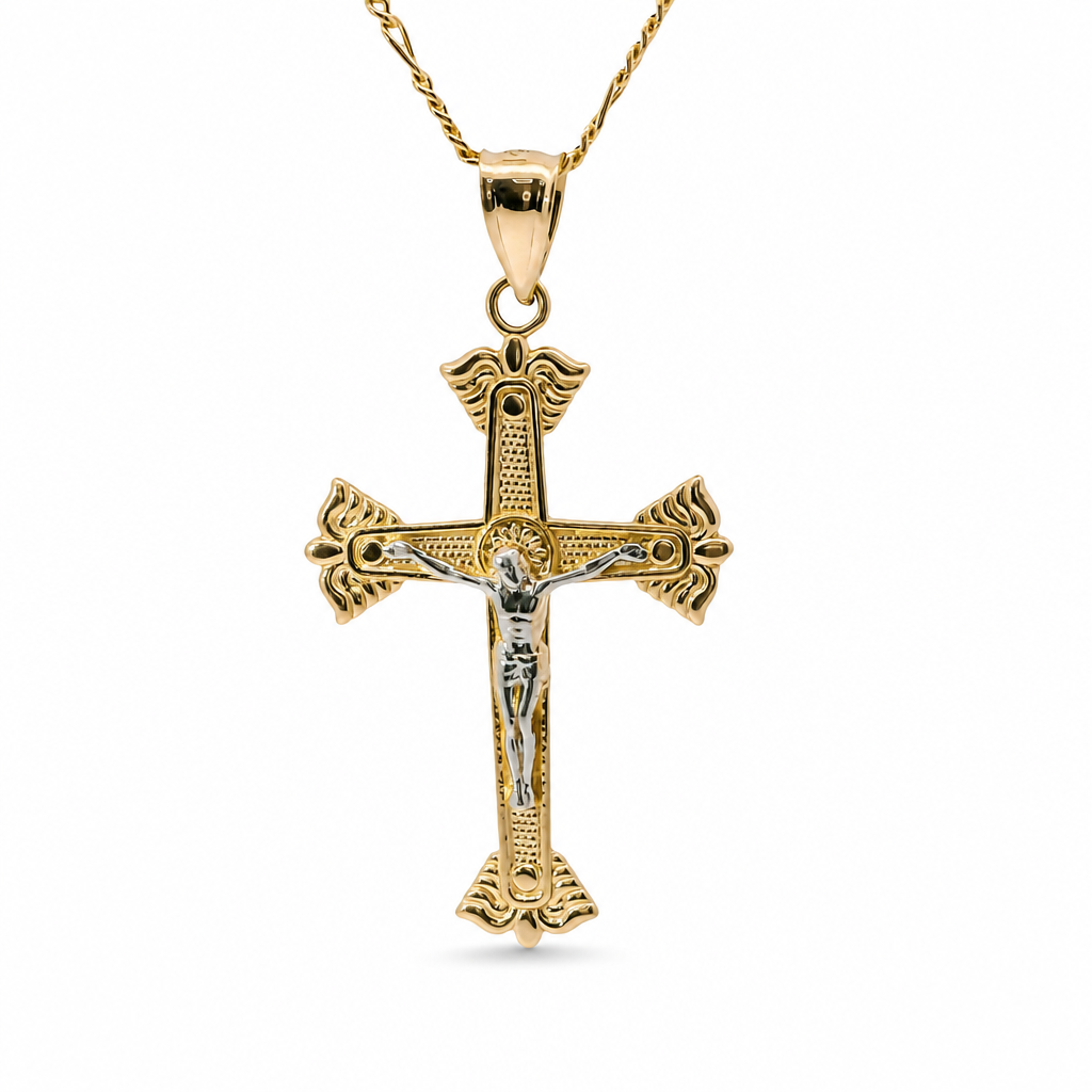 14KT Gold Charm Large Two Tone Wing Ends Crucifix Cross with Plain Bell