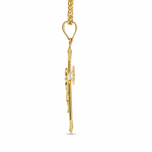 14KT Gold Charm Large Two Tone Wing Ends Crucifix Cross with Plain Bell