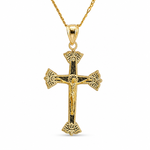 14KT Gold Charm Large Two Tone Wing Ends Crucifix Cross with Plain Bell