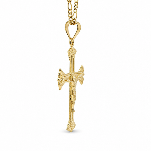14KT Gold Charm Large Two Tone Wing Ends Crucifix Cross with Plain Bell