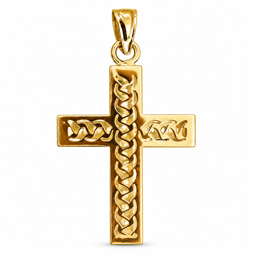 14KT Gold Charm Medium White CZ Stones Cross Center with Plain Block Border and Plain Bell