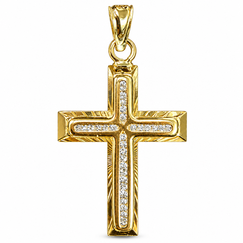 14KT Gold Charm Medium White CZ Stones Cross Center with Plain Block Border and Plain Bell