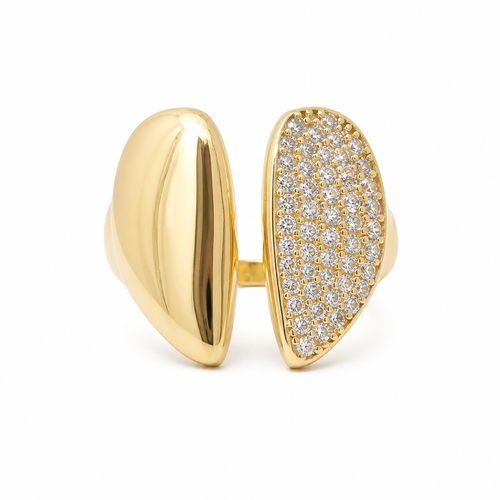 14KT Gold Ring Women's Abstract Split Band Heart Design with White CZ Stones on Half of Heart and Plain Band