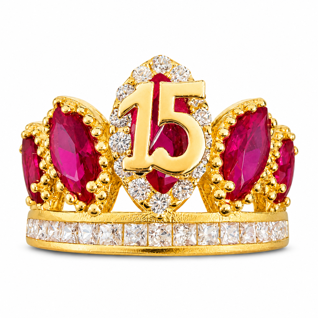 14KT Gold Ring Women's "15" Quinceanera Crown Dark Pink Marquise CZ Stones with Square White CZ Stones Border and White Square CZ Stones Band