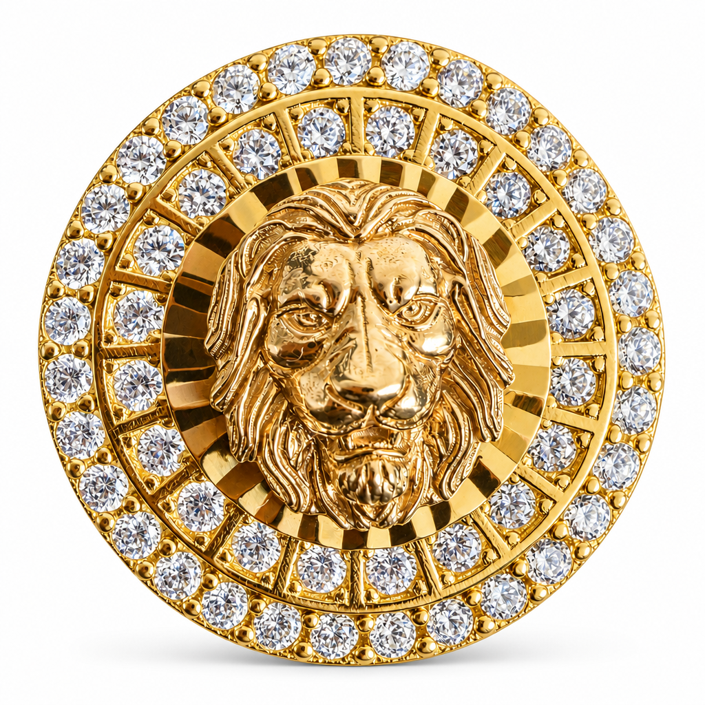 14KT Gold Ring Men's Two Tone Round Raised Lion Center with Sunray Background, Double Row White CZ Stones Border with Etched Stripe Band