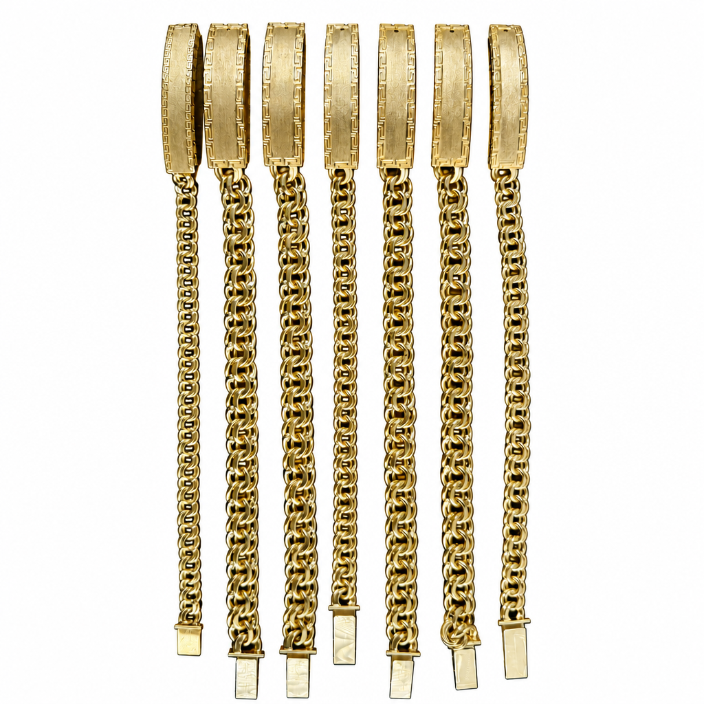 14KT Gold Bracelet Hollow Chino Band with Greek Border Name Plate 3.5mm