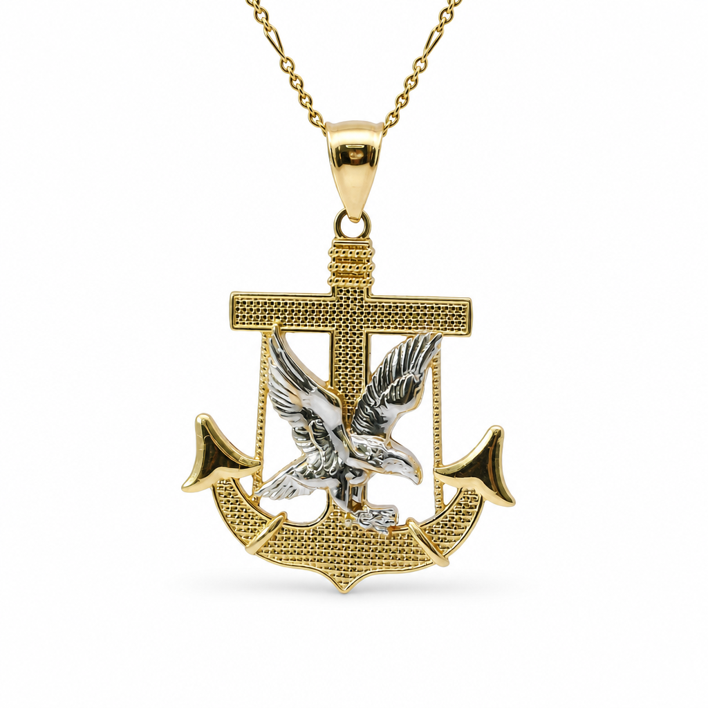 14KT Gold Charm Large Two Tone Eagle Anchor with Plain Bell