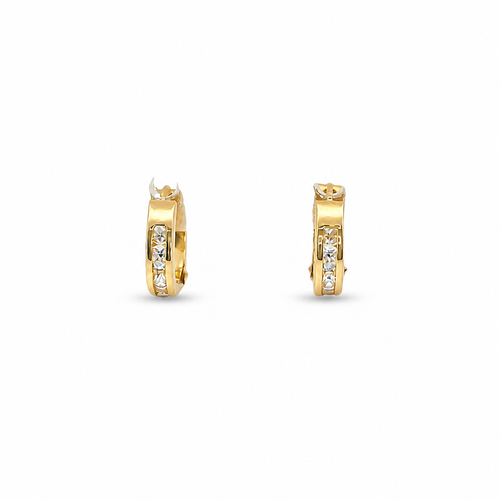 14KT Gold Earring Extra Small White CZ Stones Single Row Hoops with Two Tone Diamond Cut Scallop Edge on Back Huggie