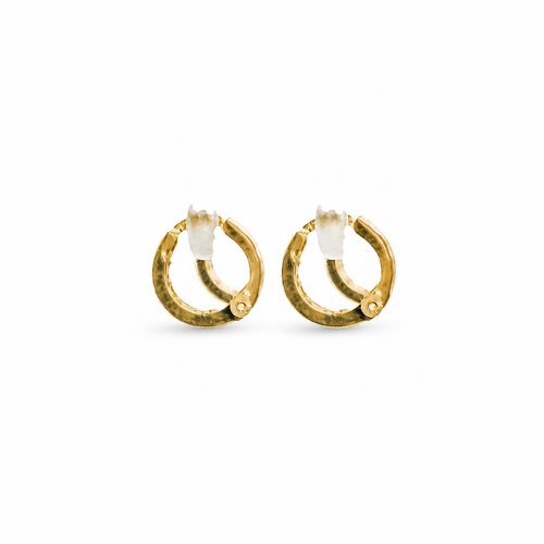 14KT Gold Earring Extra Small White CZ Stones Single Row Hoops with Two Tone Diamond Cut Scallop Edge on Back Huggie