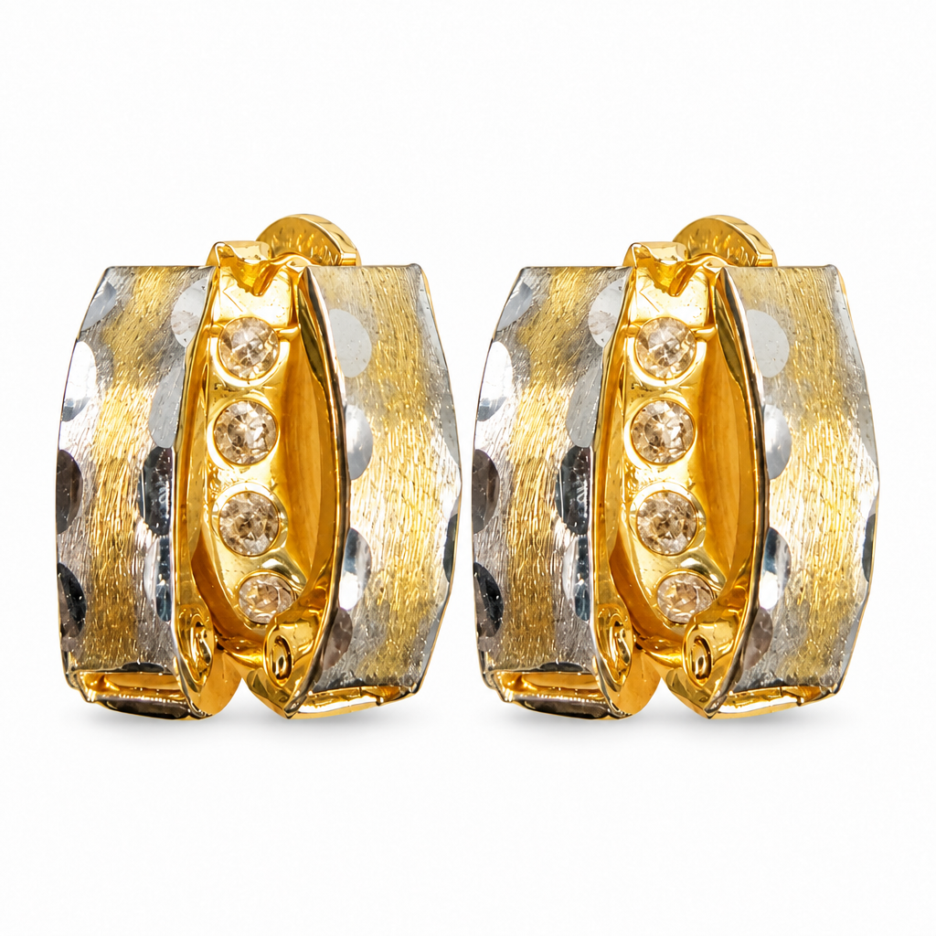 14KT Gold Earring Extra Small White CZ Stones Single Row Hoops with Two Tone Diamond Cut Scallop Edge on Back Huggie
