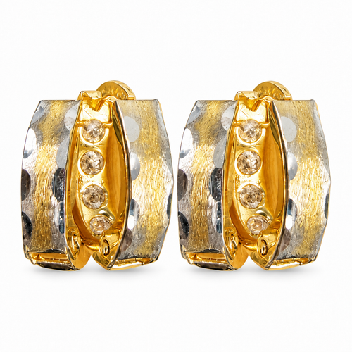 14KT Gold Earring Extra Small White CZ Stones Single Row Hoops with Two Tone Diamond Cut Scallop Edge on Back Huggie