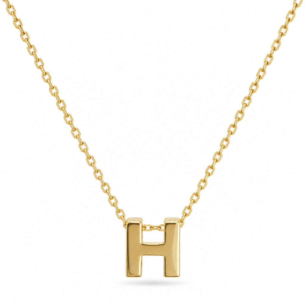 14KT Gold Solid Set Thin Chain Cable Link with Spring Lock Clasp and Single Block Font Uppercase Initial " H"