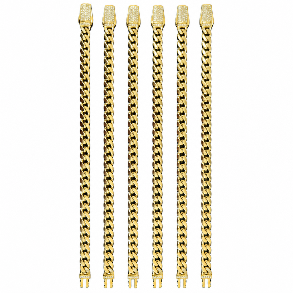 14KT Gold Anklet Hollow Crown Miami Link with Plain White CZ Stones Designer Clasp 6.5mm