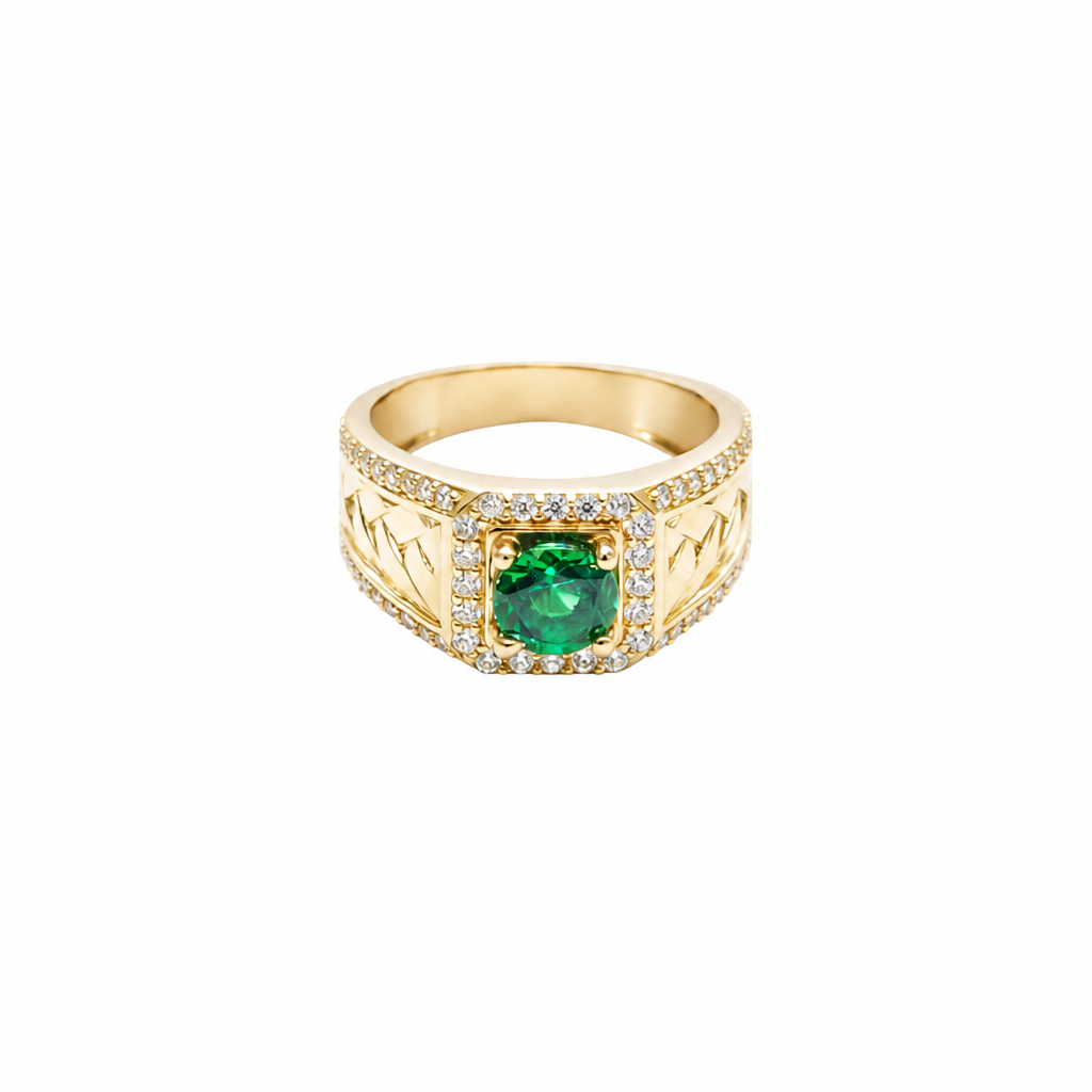 14KT Gold Ring Men's Square Green CZ Round Center Stone White CZ Stone Border Band Design Braid with Single Row White CZ Stones Border